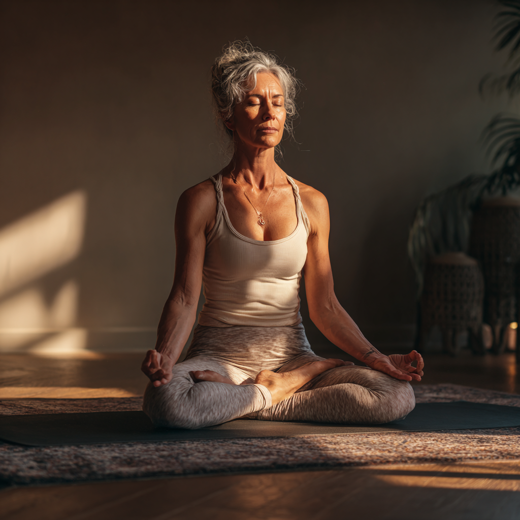 Жінка 55 років у медитативній позі лотоса, одягнена в світлий йога-костюм, сидить на килимку у затишній студії з м'яким освітленням